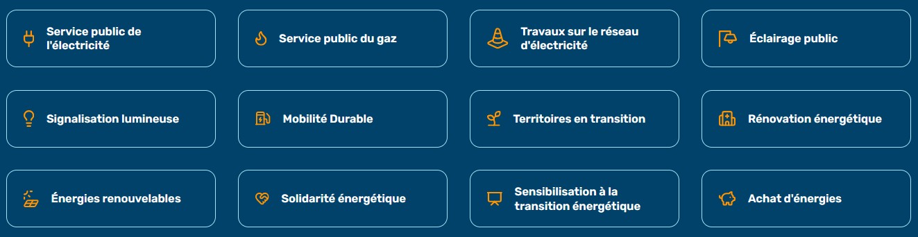 Illustration des missions du SDEC ÉNERGIE : service public de l'électricité, service public du gaz, travaux sur le réseau d'électricité, éclairage public, signalisation lumineuse, mobilité durable, territoires en transition, rénovation énergétique, énergies renouvelables, solidarité énergétique, sensibilisation à la transition énergétique, achat d'énergies